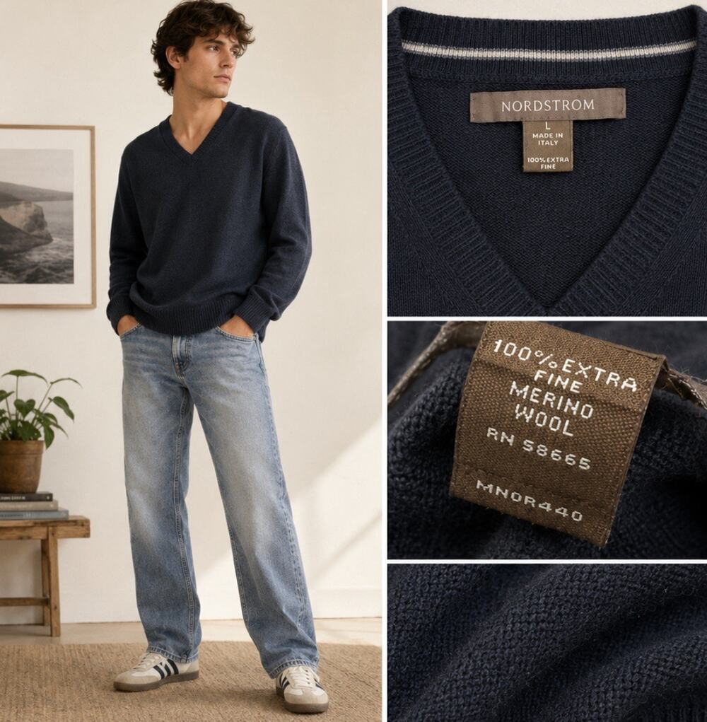 Classic Old Money Office Nordstrom Men's Merino Wool V-Neck Sweater Size L Black